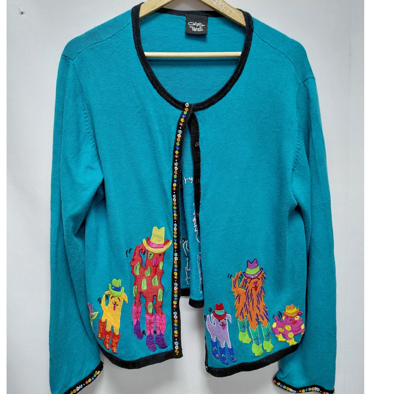 Christina Rotelli Embroidered Cardigan Blue Graphic Print Knit Women Size Xl